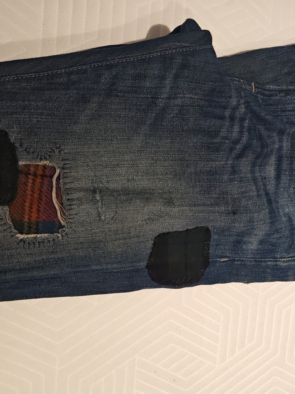 Polo by Ralph Lauren Slim Straight Distressed Blue Jeans with Plaid Patches - Picture 3 of 16